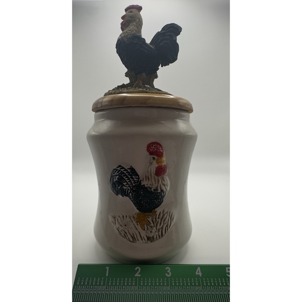 Vintage SEi Ceramic Canister Jar w/ Wooden Lid & Resin Rooster Farmhouse Kitchen - Picture 2 of 9